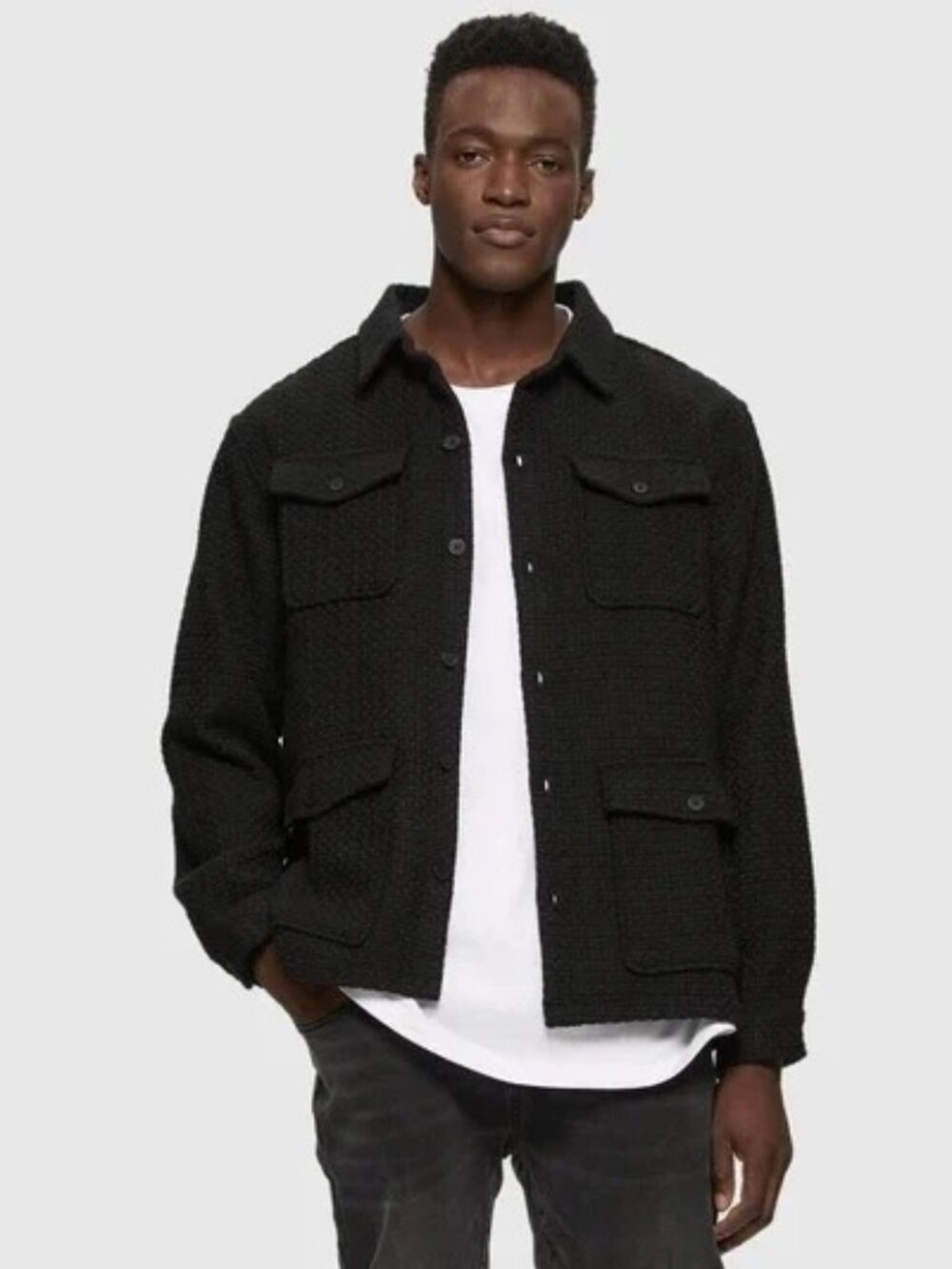 Kuwalla Black Basket Jacquard Weave 4 Pocket Shacket